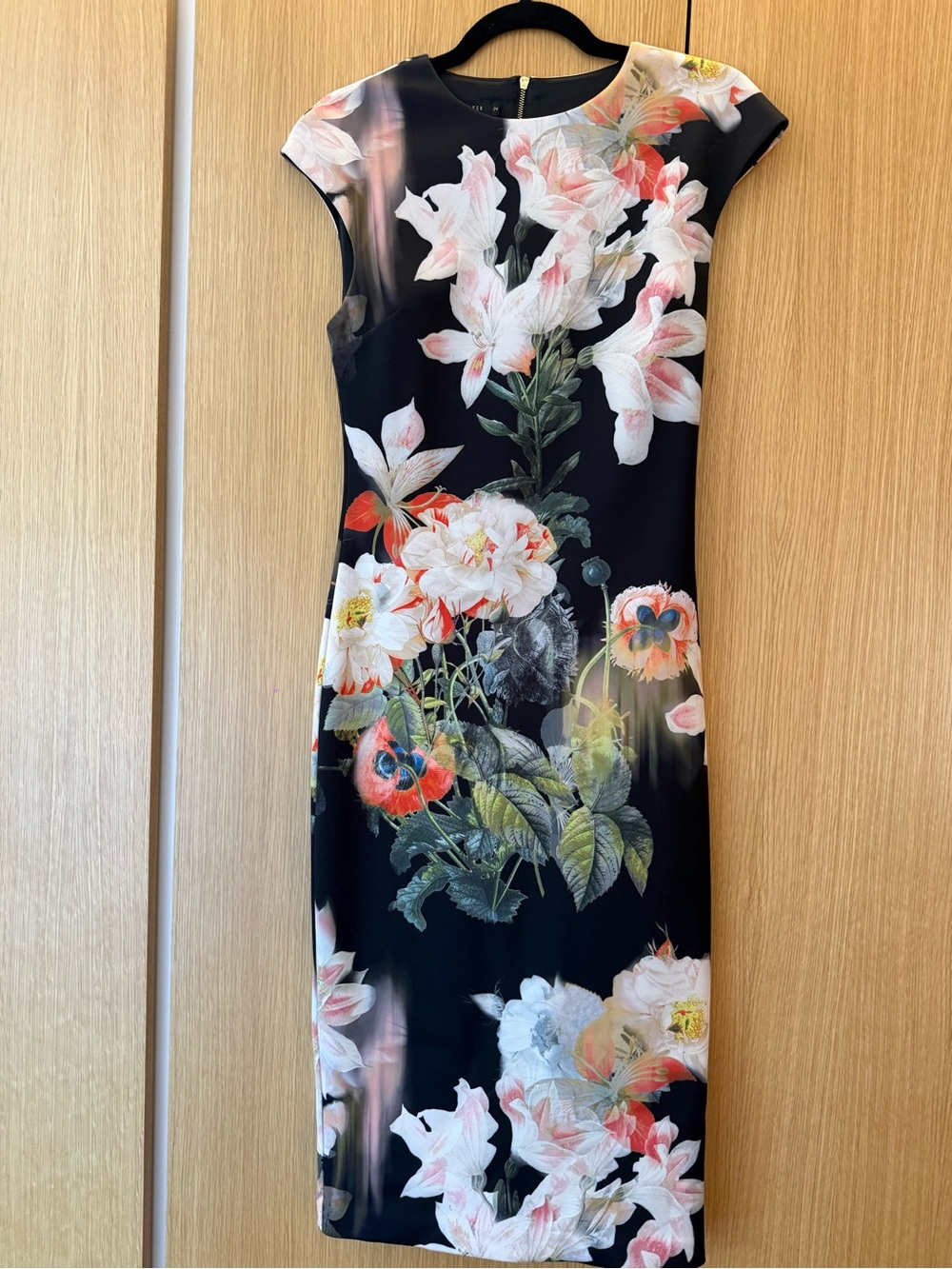 Ted Baker Black Midi Dress with White and Pink Floral Print